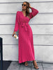 V-Neck Tie Waist Pleated Maxi Dress Bazaarbey