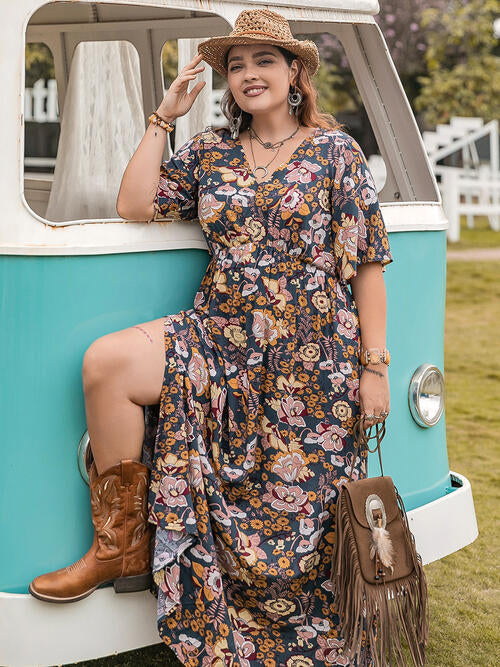 Floral V-Neck Short Sleeve Slit Dress -BazaarBey - www.shopbazaarbey.com