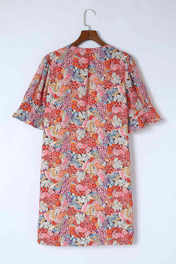 Floral Notched Neck Flounce Sleeve Shift Dress -BazaarBey - www.shopbazaarbey.com
