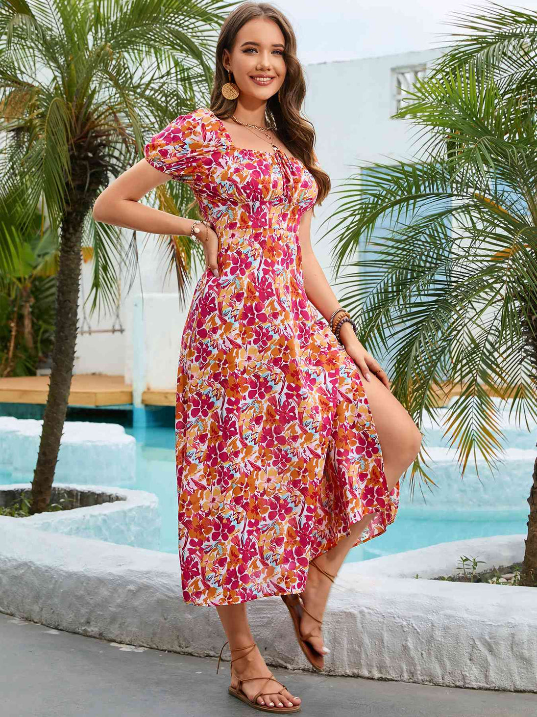 Floral Square Neck Short Sleeve Midi Dress -BazaarBey - www.shopbazaarbey.com