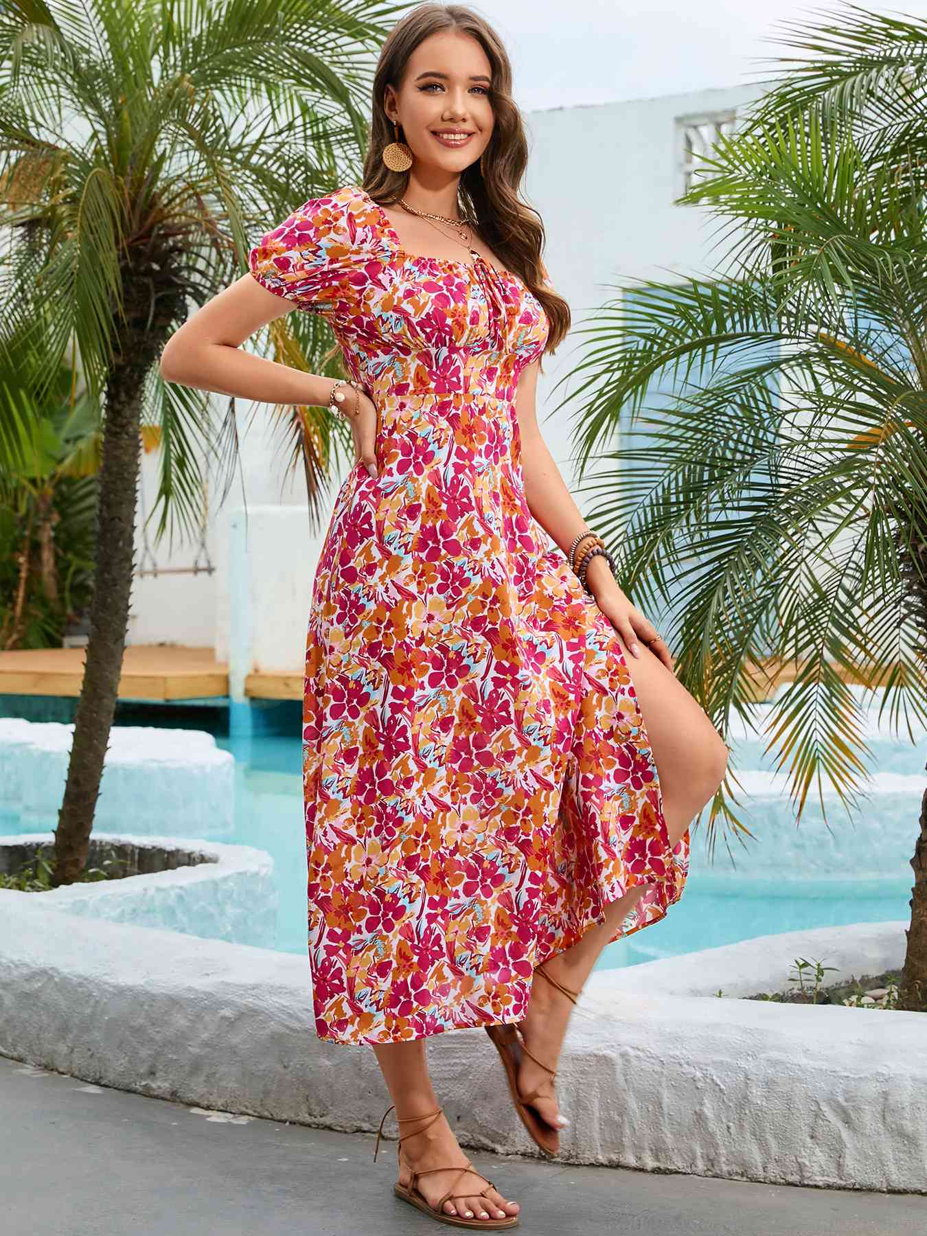 Floral Square Neck Short Sleeve Midi Dress -BazaarBey - www.shopbazaarbey.com