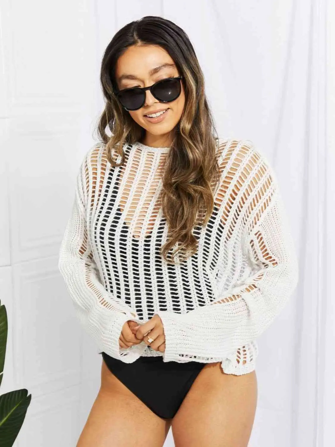 Long Sleeve Round Neck Openwork Cover-Up Trendsi