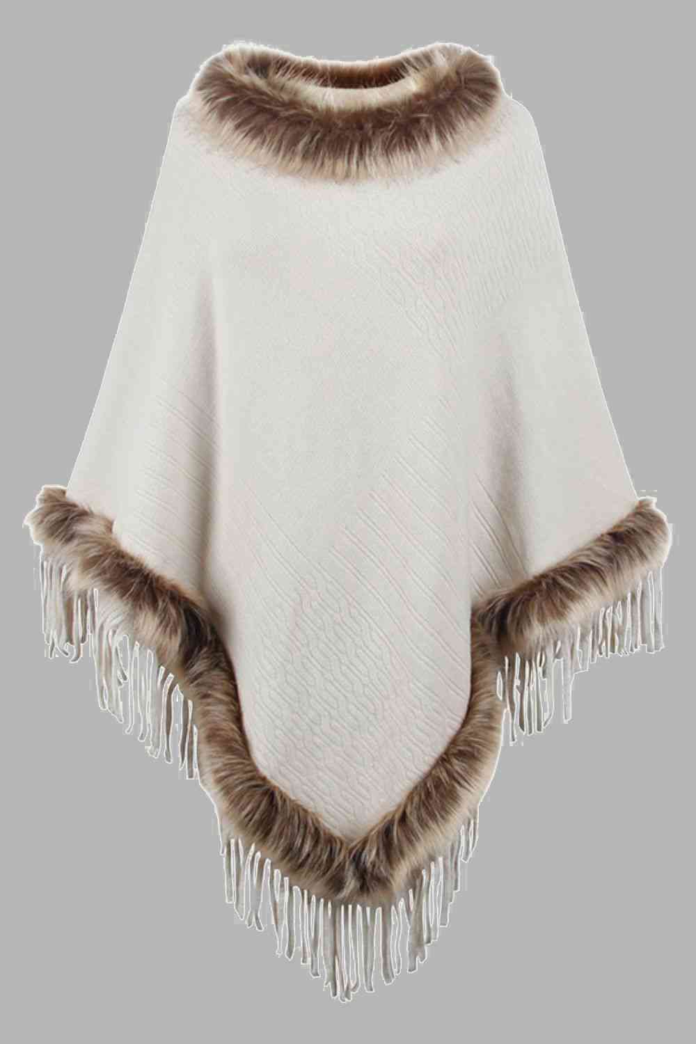 Faux Fur Trim Fringed Poncho Bazaarbey
