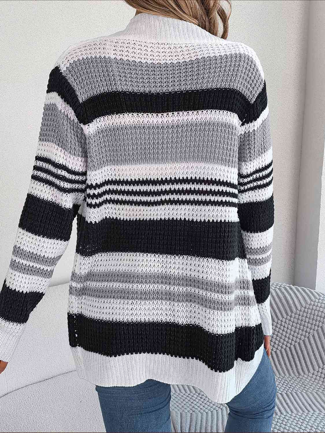 Striped Open Front Long Sleeve Cardigan Bazaarbey