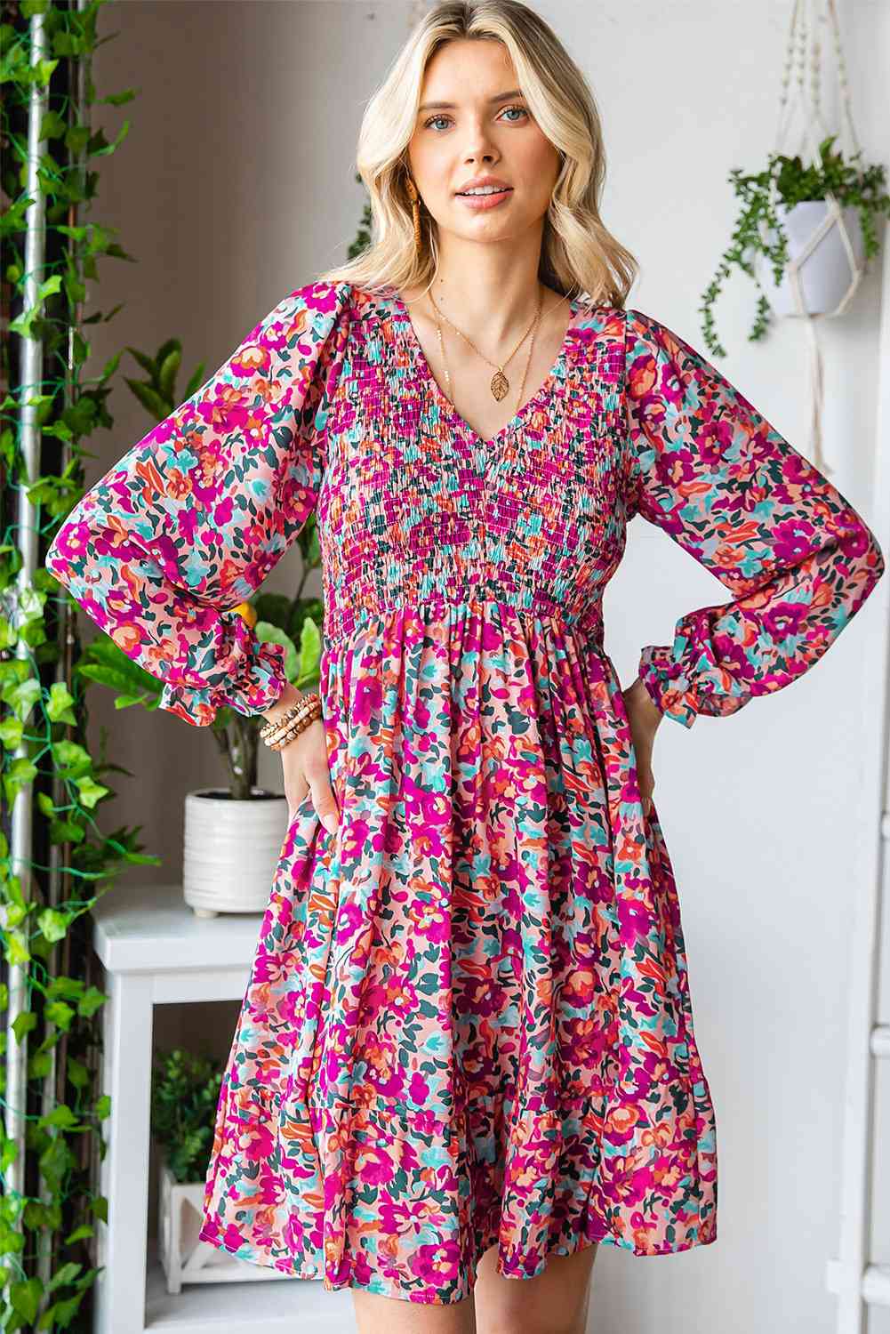 Floral Smocked V-Neck Flounce Sleeve Dress -BazaarBey - www.shopbazaarbey.com