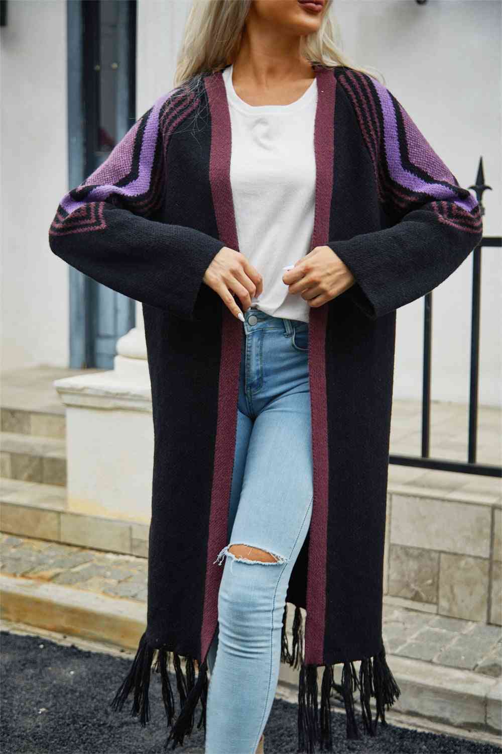  Geometric  Hem Open Front Duster Cardigan Bazaarbey