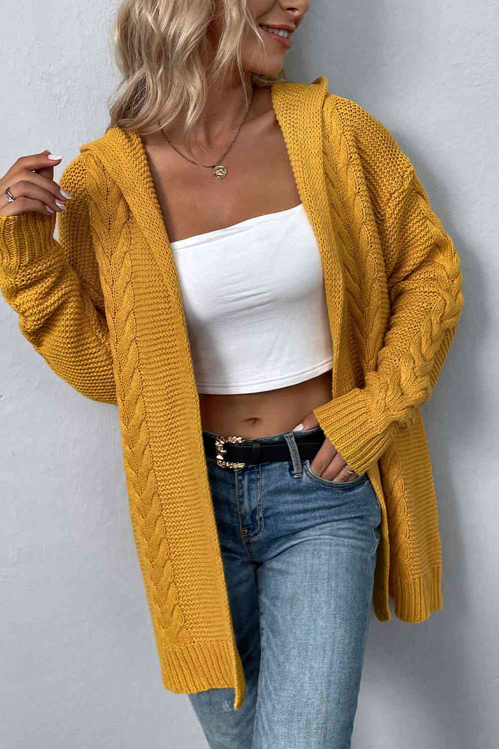 Cable-Knit Dropped Shoulder Hooded Cardigan Bazaarbey