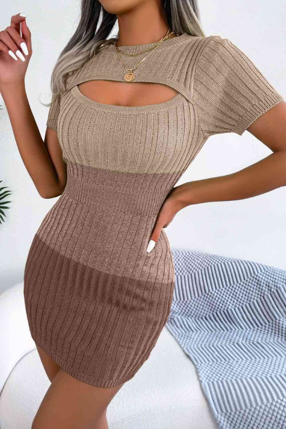 Color Block Cutout Short Sleeve Sweater Dress -BazaarBey - www.shopbazaarbey.com