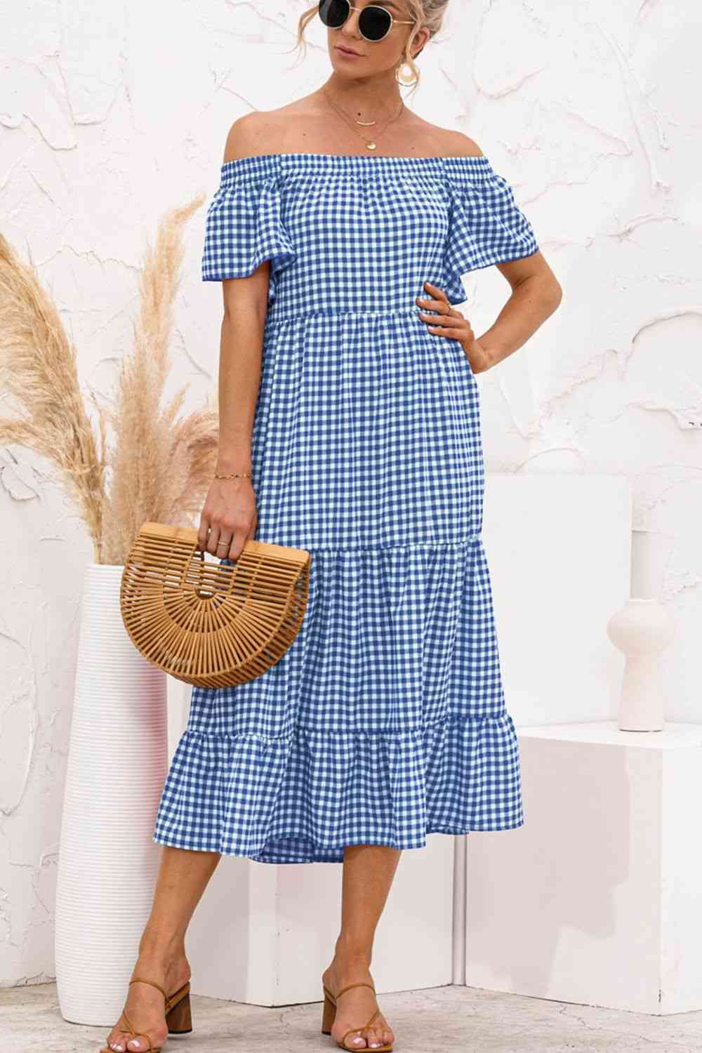 Plaid Off-Shoulder Tiered Midi Dress -BazaarBey - www.shopbazaarbey.com