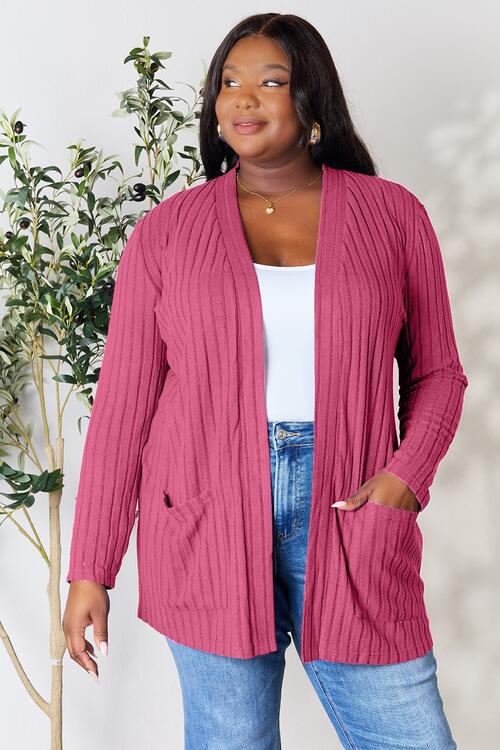 Ribbed Open Front Cardigan with Pockets Bazaarbey