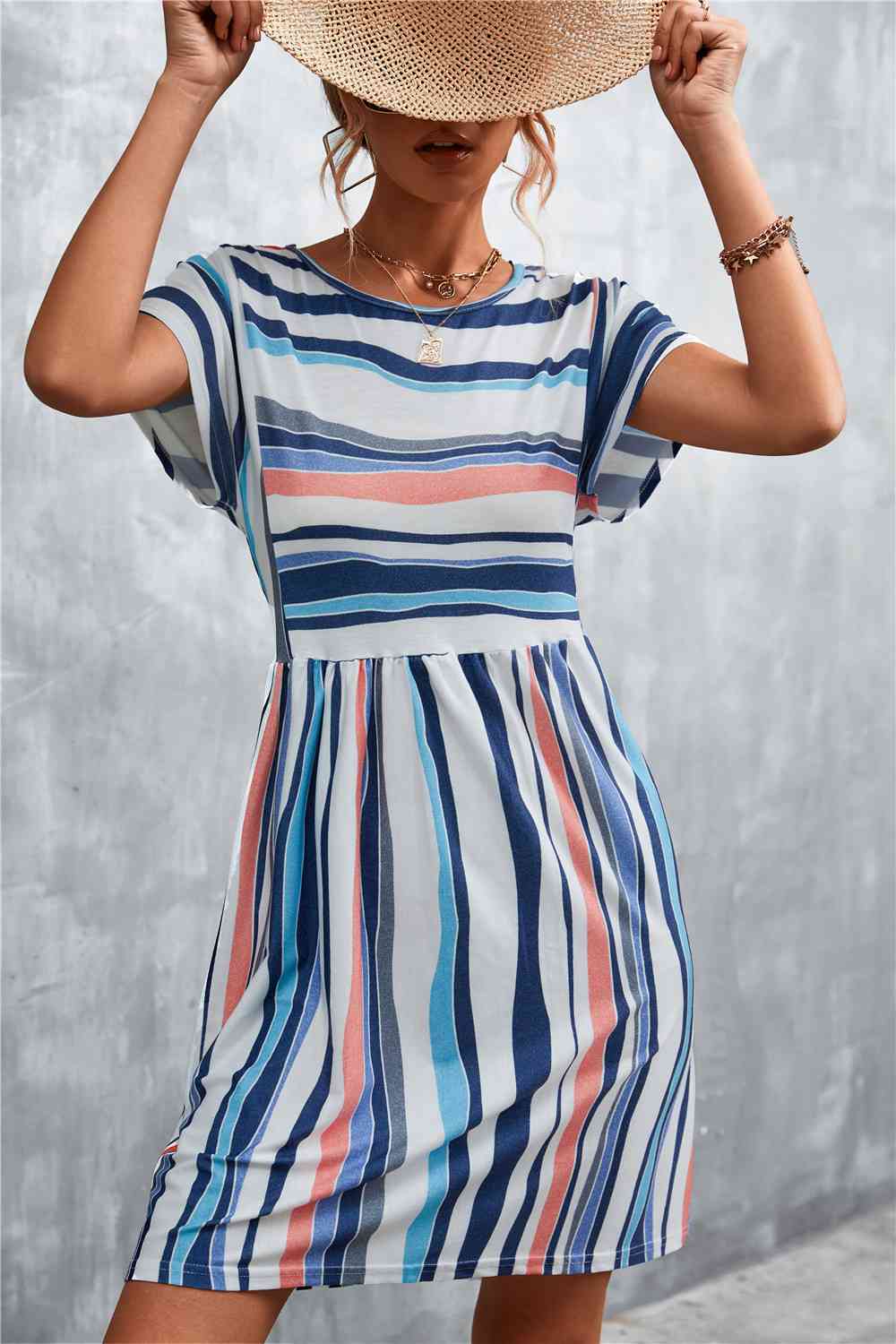 Striped Round Neck Dress -BazaarBey - www.shopbazaarbey.com