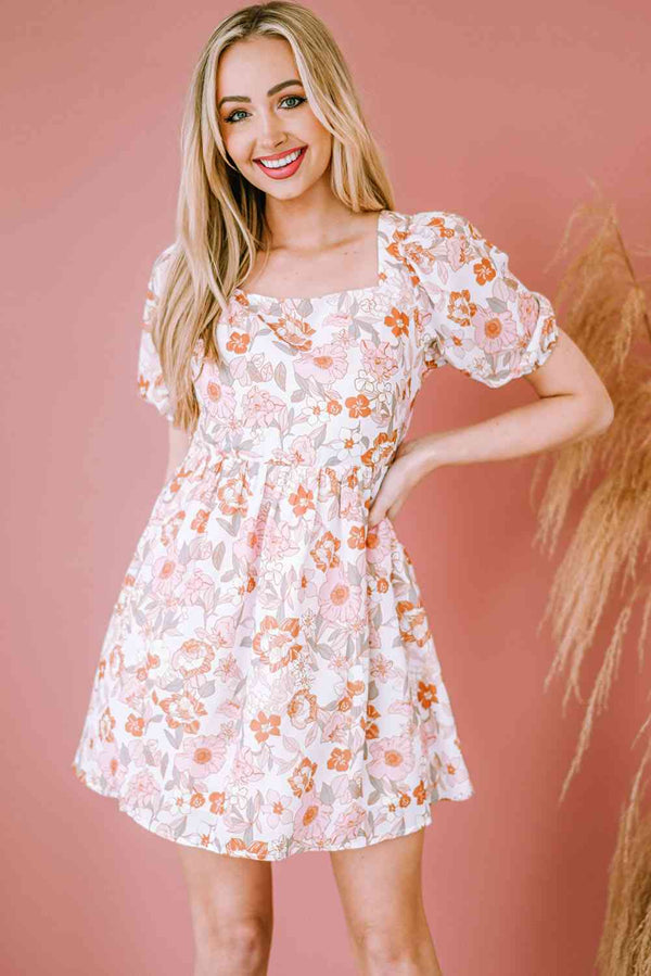 Floral Tie-Back Puff Sleeve Dress -BazaarBey - www.shopbazaarbey.com