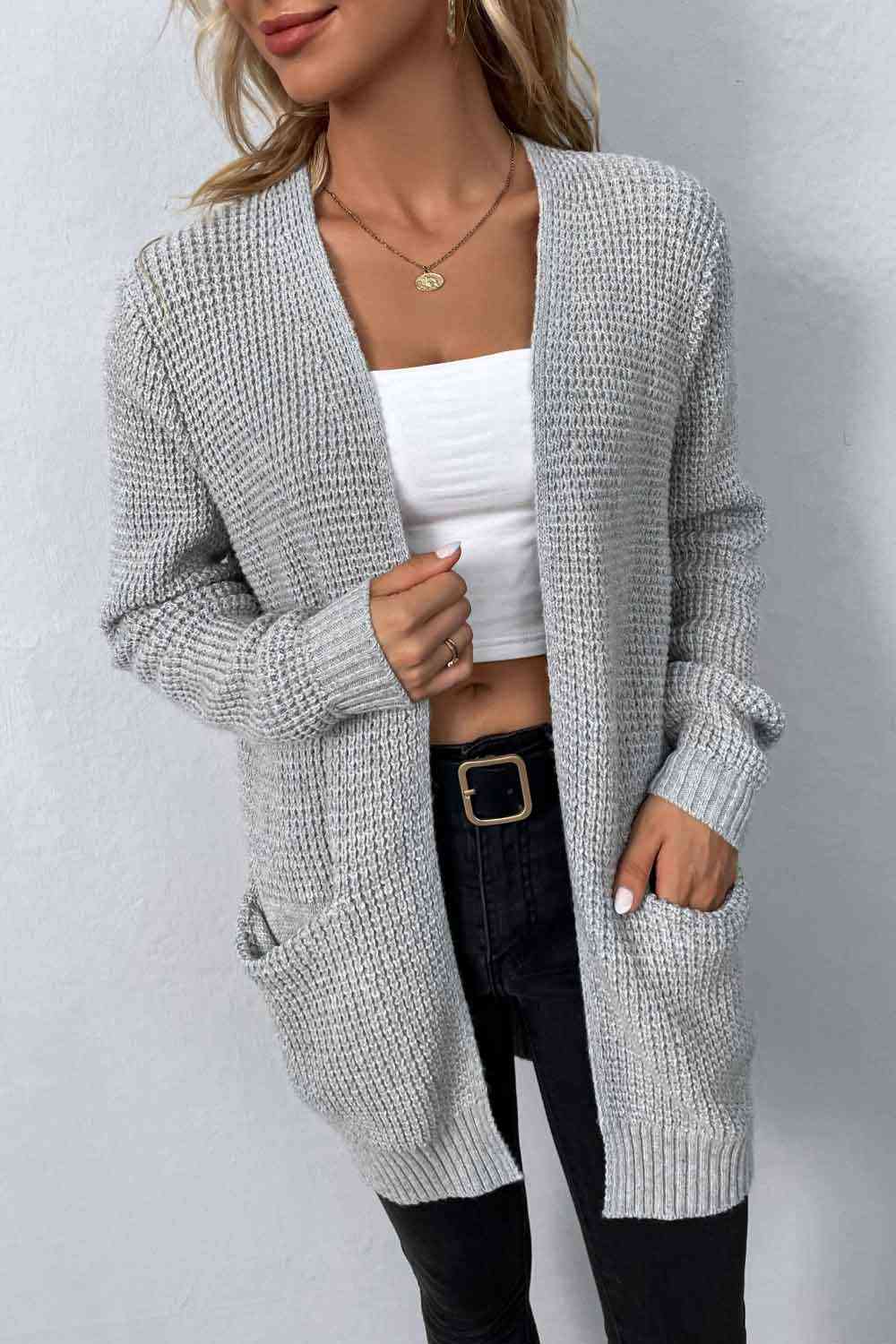Rib-Knit  Pocketed Cardigan Trendsi