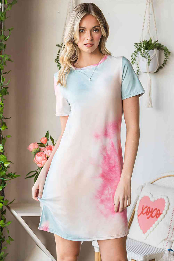 Tie-Dye Round Neck Short Sleeve Slit Dress -BazaarBey - www.shopbazaarbey.com