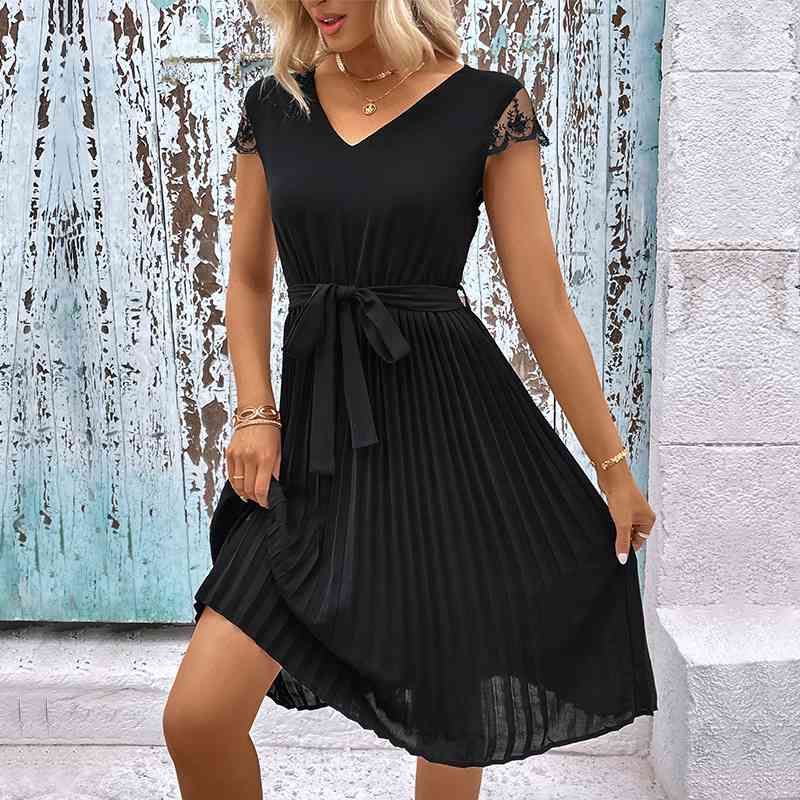 V-Neck Tie Belt Pleated Dress -BazaarBey - www.shopbazaarbey.com