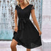 V-Neck Tie Belt Pleated Dress -BazaarBey - www.shopbazaarbey.com