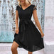 V-Neck Tie Belt Pleated Dress -BazaarBey - www.shopbazaarbey.com