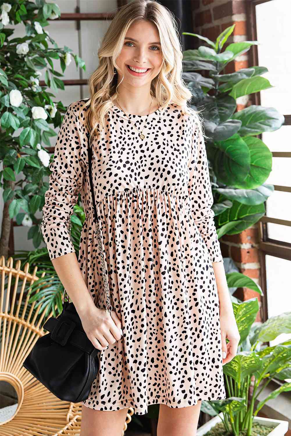 Printed Round Neck Long Sleeve Dress -BazaarBey - www.shopbazaarbey.com