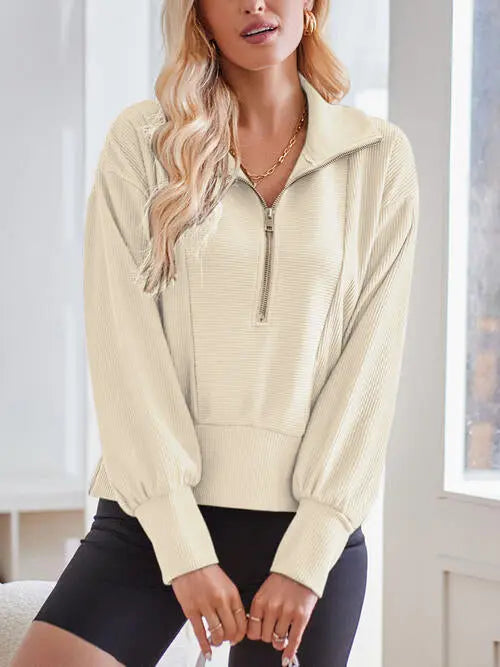 Ribbed Half Zip Collared Neck Sweatshirt Bazaarbey