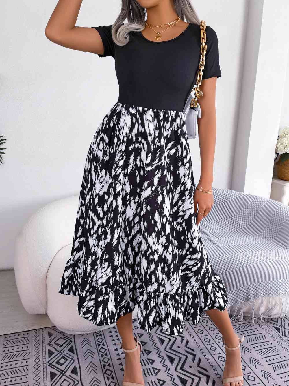 Printed Round Neck Ruffle Hem Dress -BazaarBey - www.shopbazaarbey.com