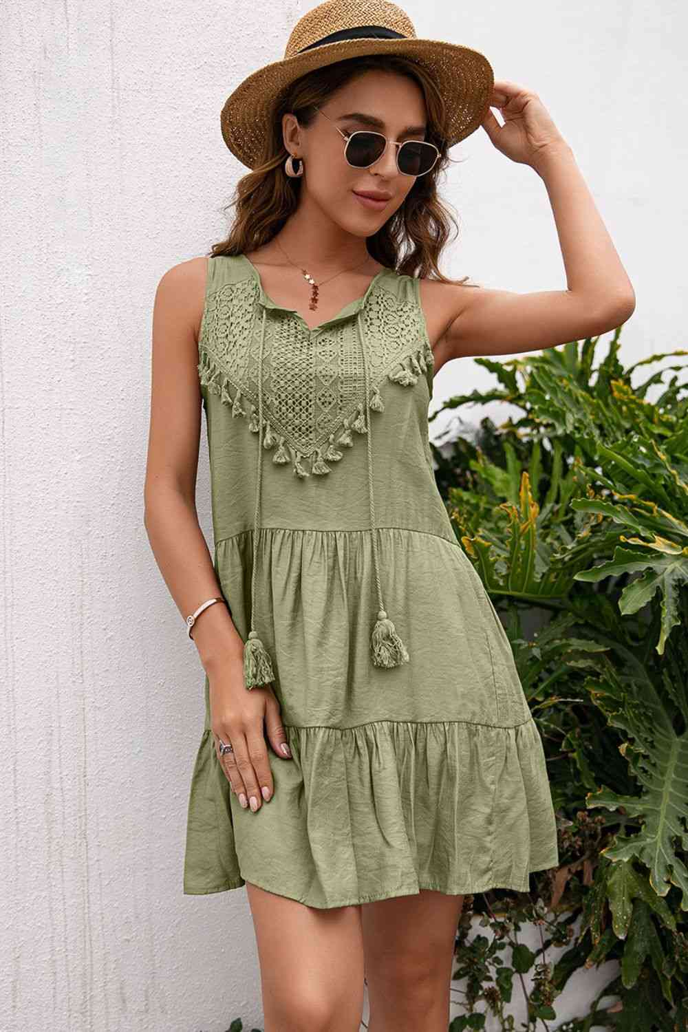 Tassel Tie Lace Trim Sleeveless Dress -BazaarBey - www.shopbazaarbey.com