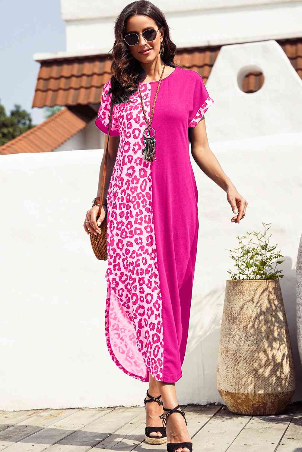 Leopard Color Block Split Dress -BazaarBey - www.shopbazaarbey.com