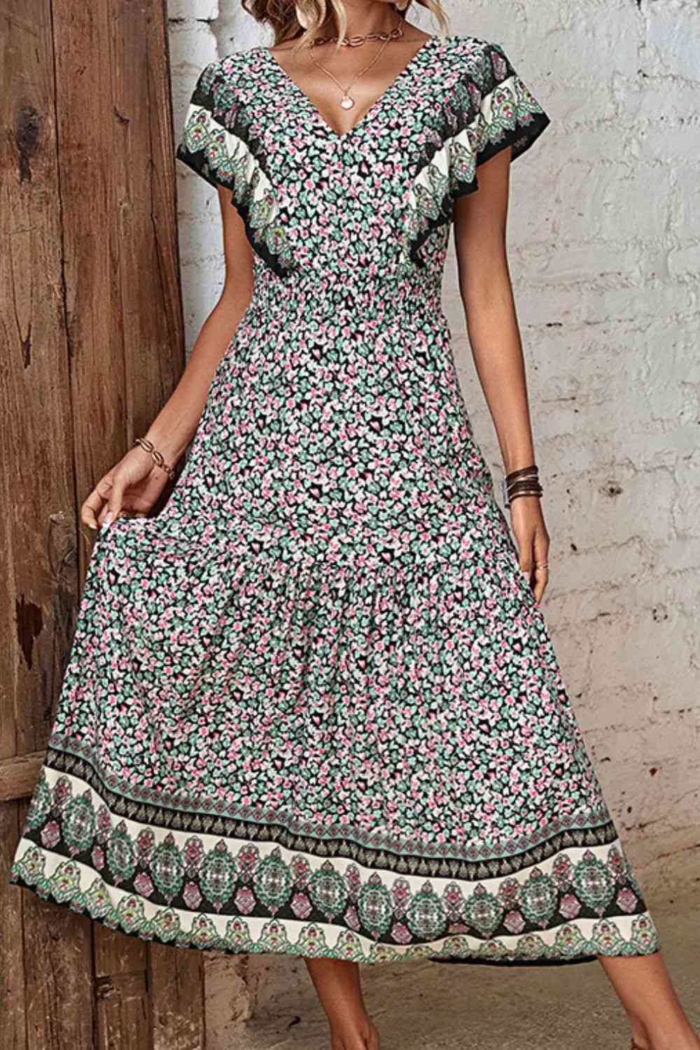  Floral Ruffled Plunge Dress -BazaarBey - www.shopbazaarbey.com