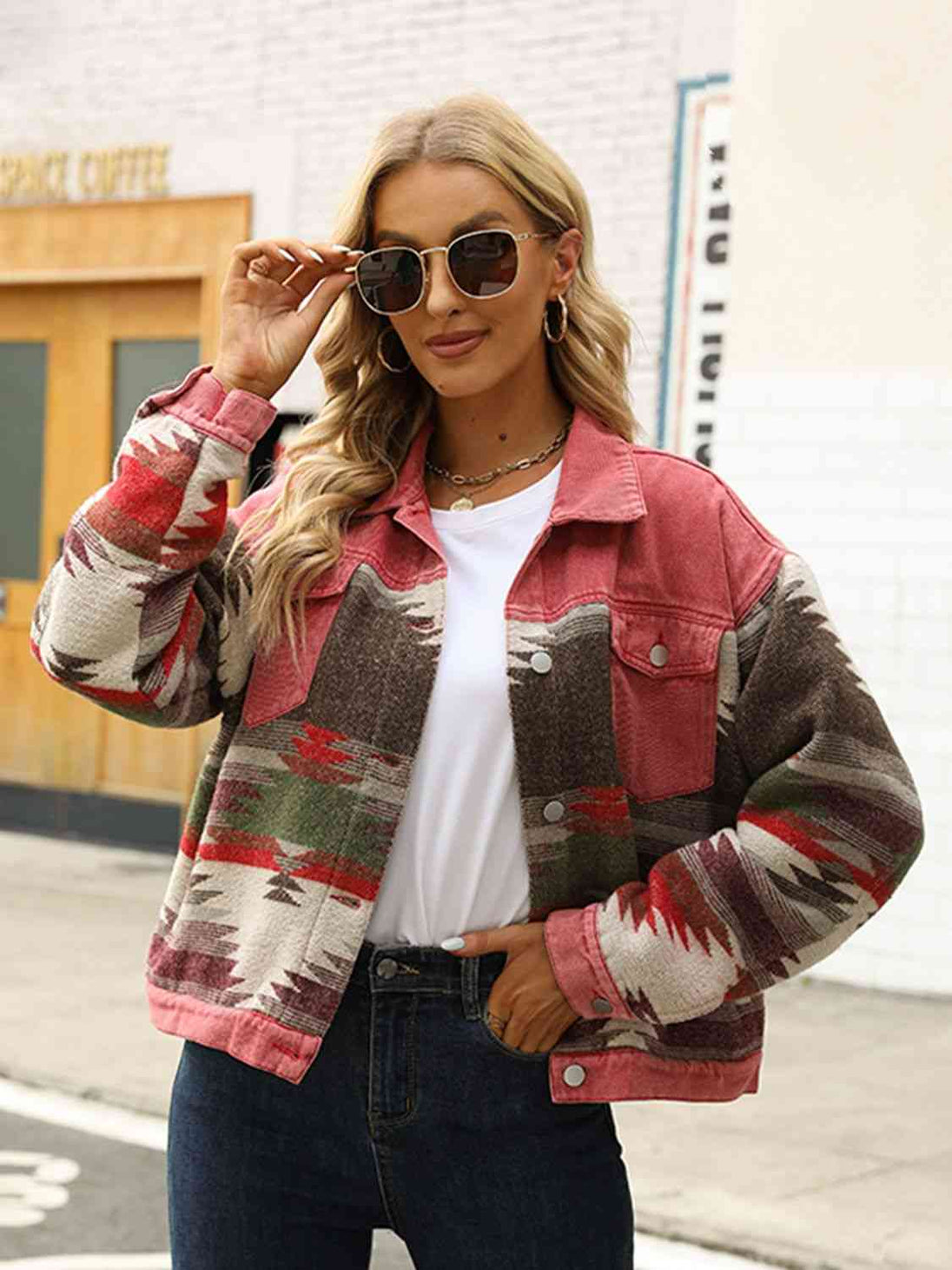 Printed Dropped Shoulder Long Sleeve Denim Jacket Bazaarbey