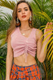 BazaarBey Drawstring Ruched Asymmetrical Neck Cropped Knit Top Bazaarbey