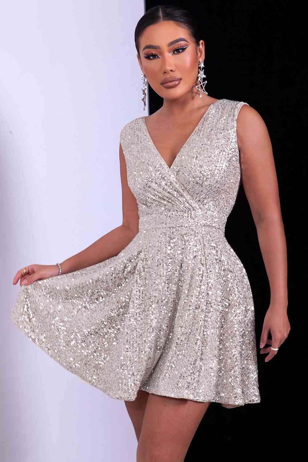 Sequin Surplice Neck Sleeveless Dress Bazaarbey