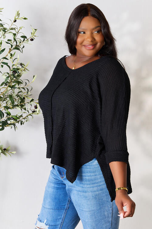   Round Neck High-Low Slit Knit Top Bazaarbey