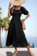 Square Neck Smocked Waist Puff Sleeve Midi Dress -BazaarBey - www.shopbazaarbey.com