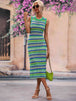 Striped Round Neck Sleeveless Midi Cover Up Dress Bazaarbey