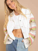 Distressed Striped Long Sleeve Denim Jacket Bazaarbey