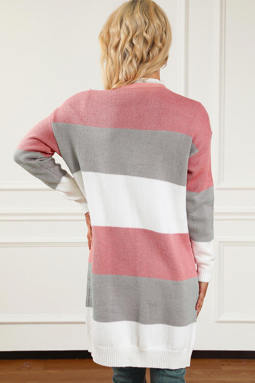 Striped Open Front Long Sleeve Cardigan Trendsi