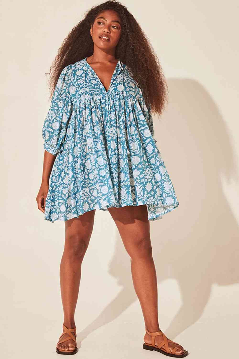 Floral Tie Neck Lantern Sleeve Dress -BazaarBey - www.shopbazaarbey.com