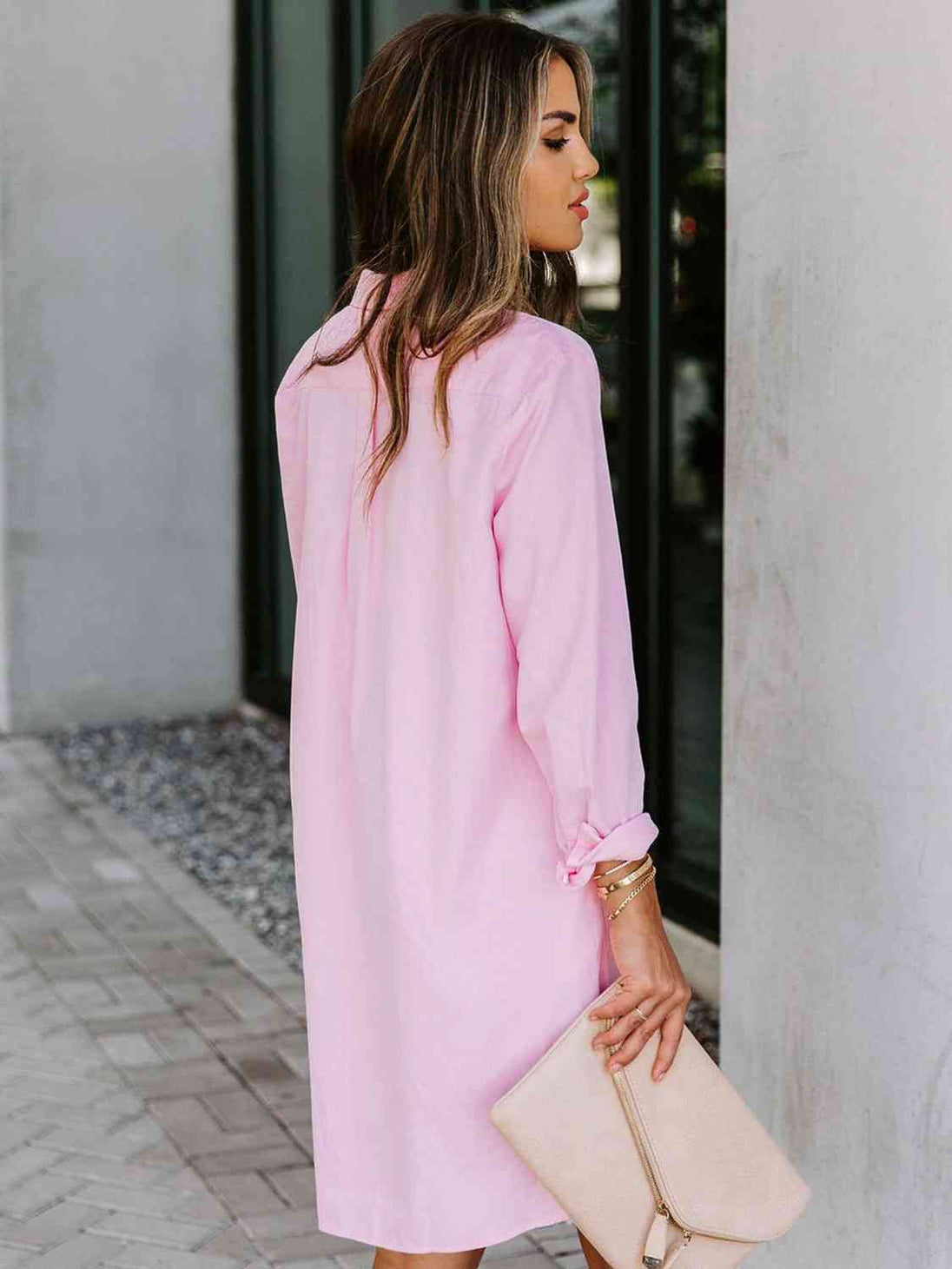 Button Up Collared Neck Long Sleeve Shirt Dress -BazaarBey - www.shopbazaarbey.com