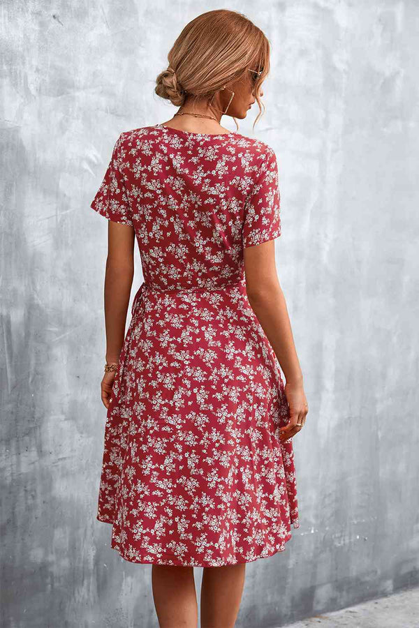Floral  Neck Flutter Sleeve Dress -BazaarBey - www.shopbazaarbey.com