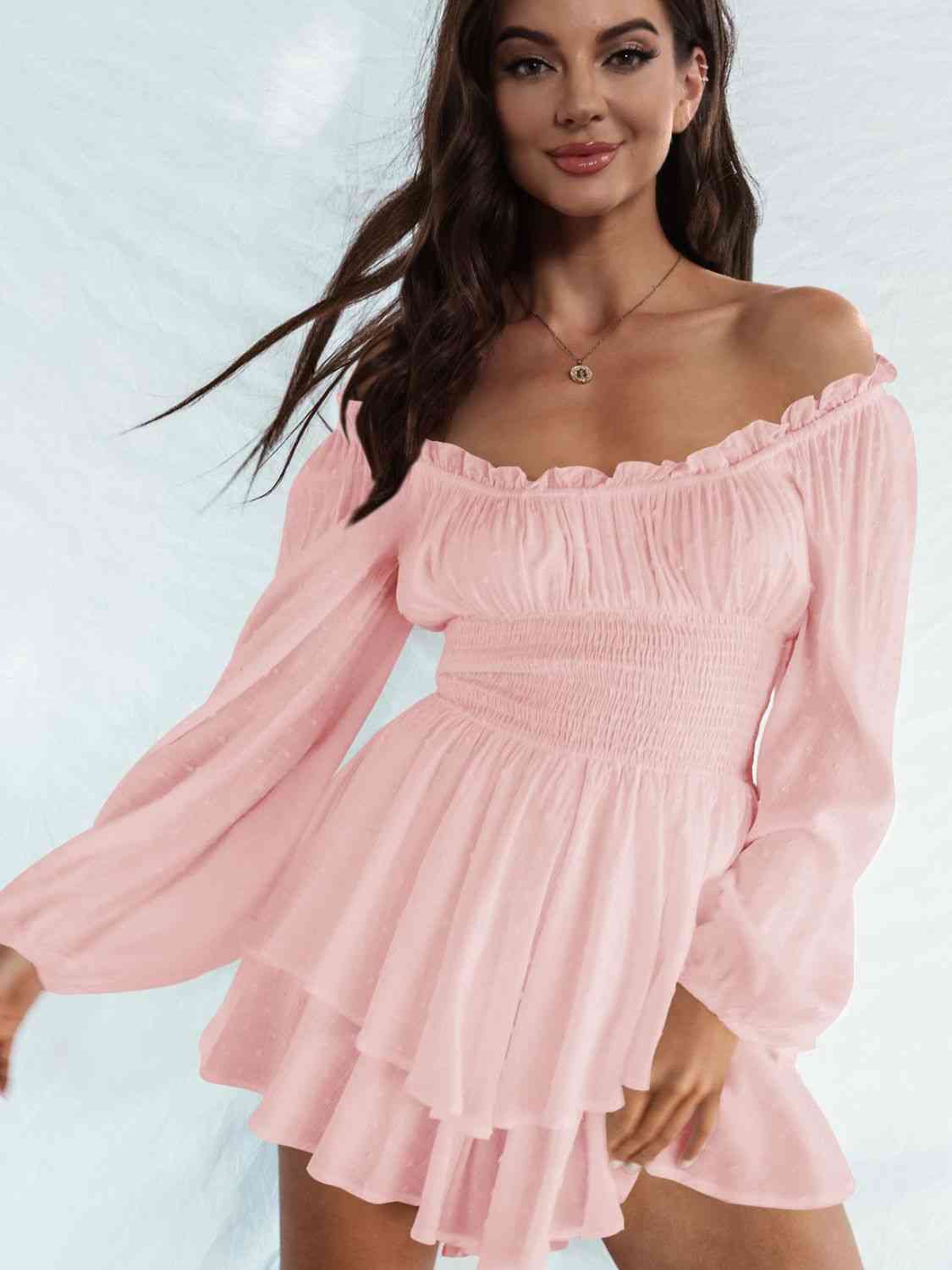 Off Shoulder Smocked Waist Romper -BazaarBey - www.shopbazaarbey.com