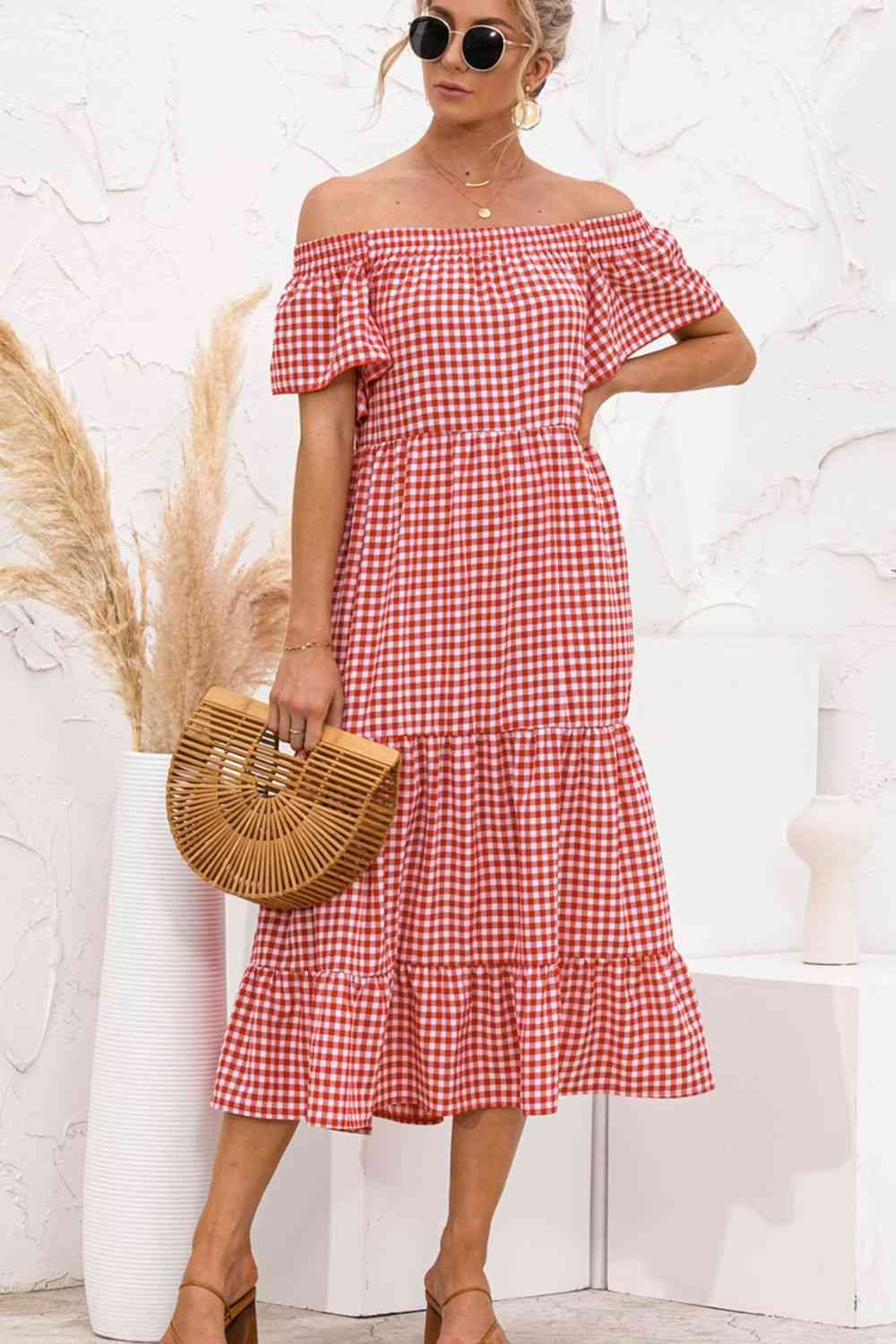 Plaid Off-Shoulder Tiered Midi Dress -BazaarBey - www.shopbazaarbey.com