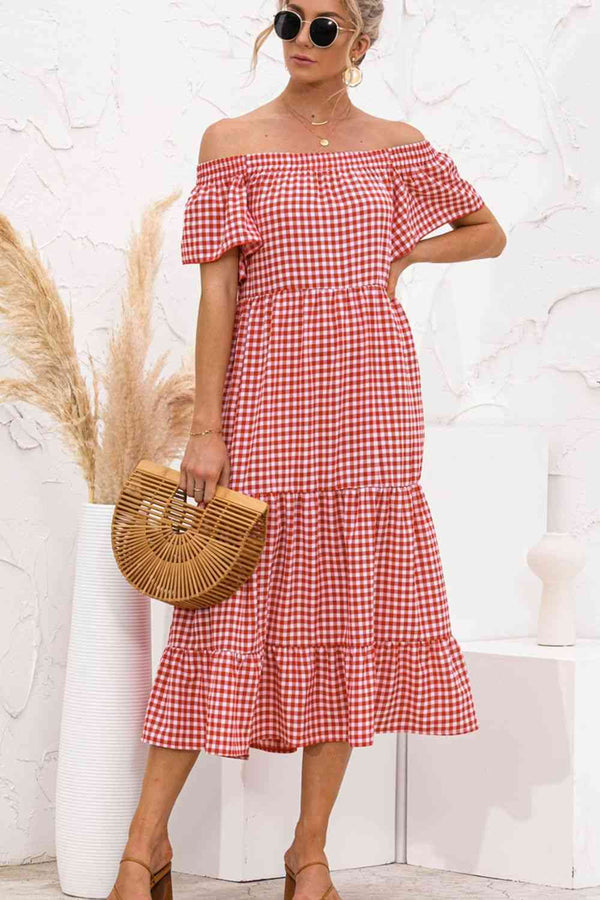 Plaid Off-Shoulder Tiered Midi Dress -BazaarBey - www.shopbazaarbey.com