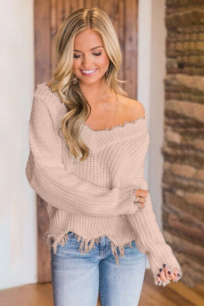 Frayed Hem Dropped Shoulder Sweater Bazaarbey