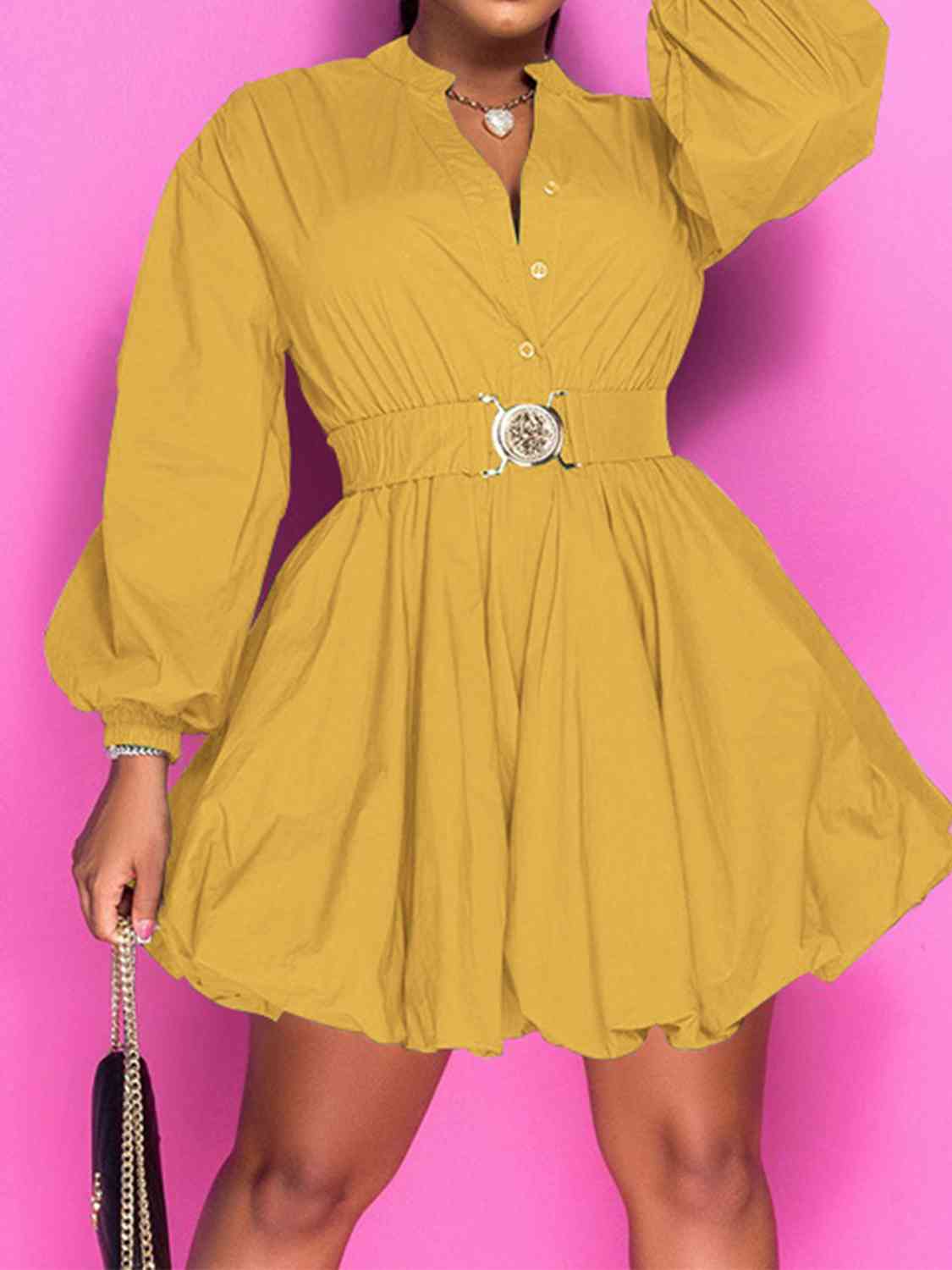 Notched Button Up Balloon Sleeves Dress -BazaarBey - www.shopbazaarbey.com
