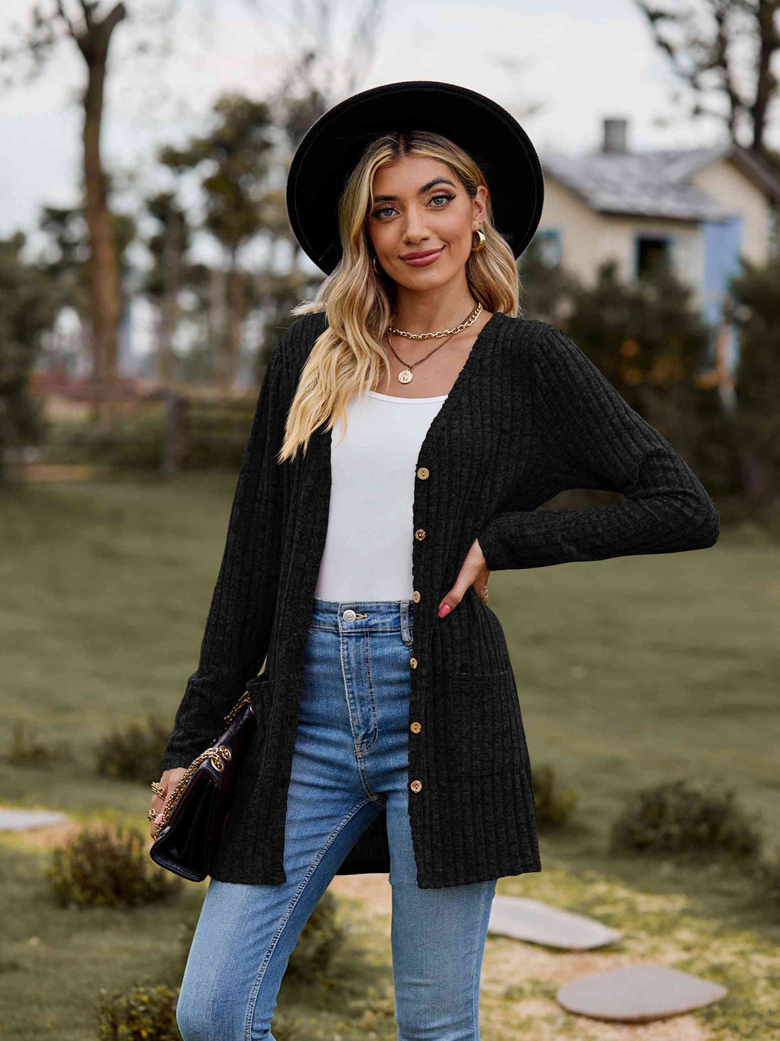Ribbed Button-Up Cardigan with Pockets Trendsi