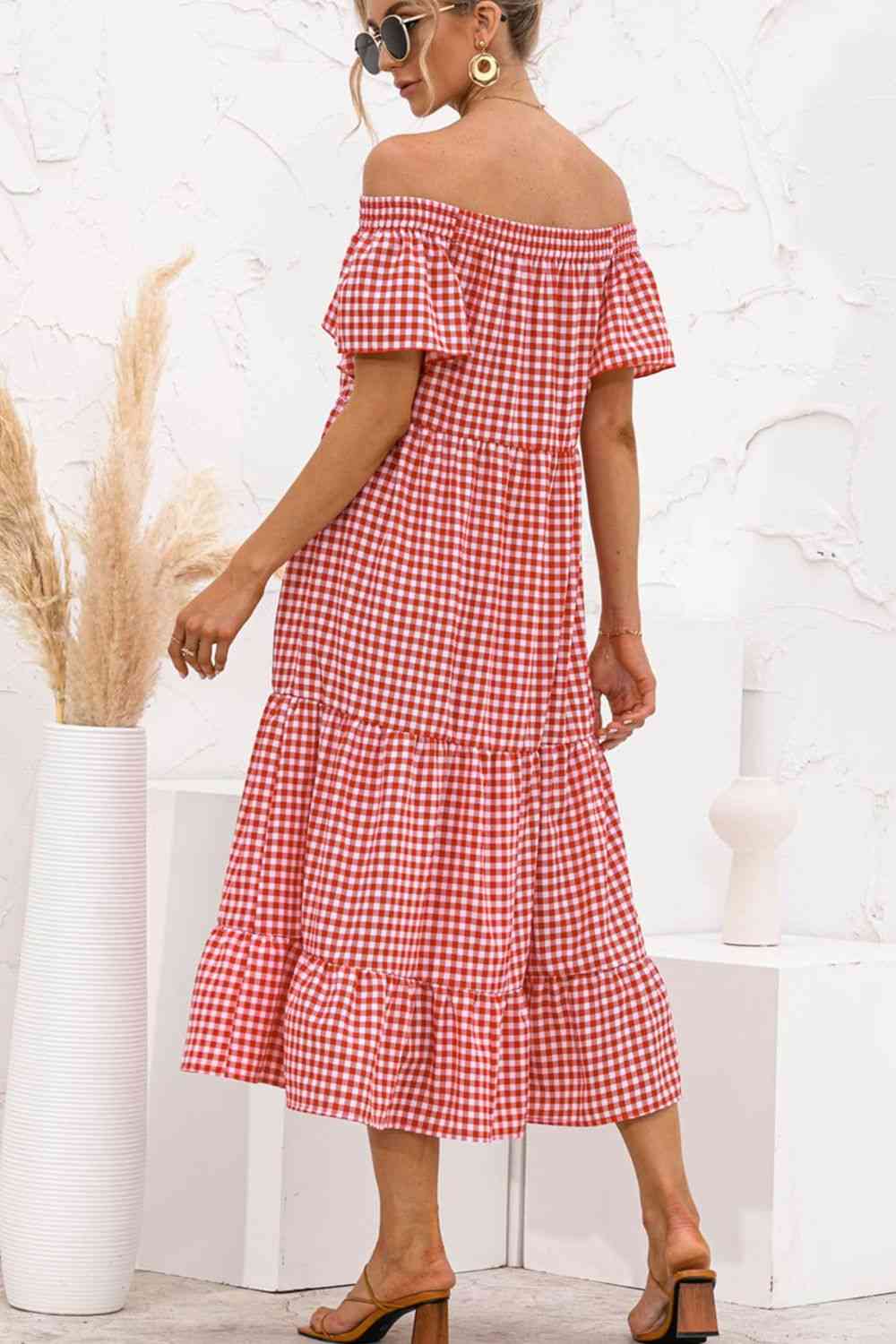 Plaid Off-Shoulder Tiered Midi Dress -BazaarBey - www.shopbazaarbey.com