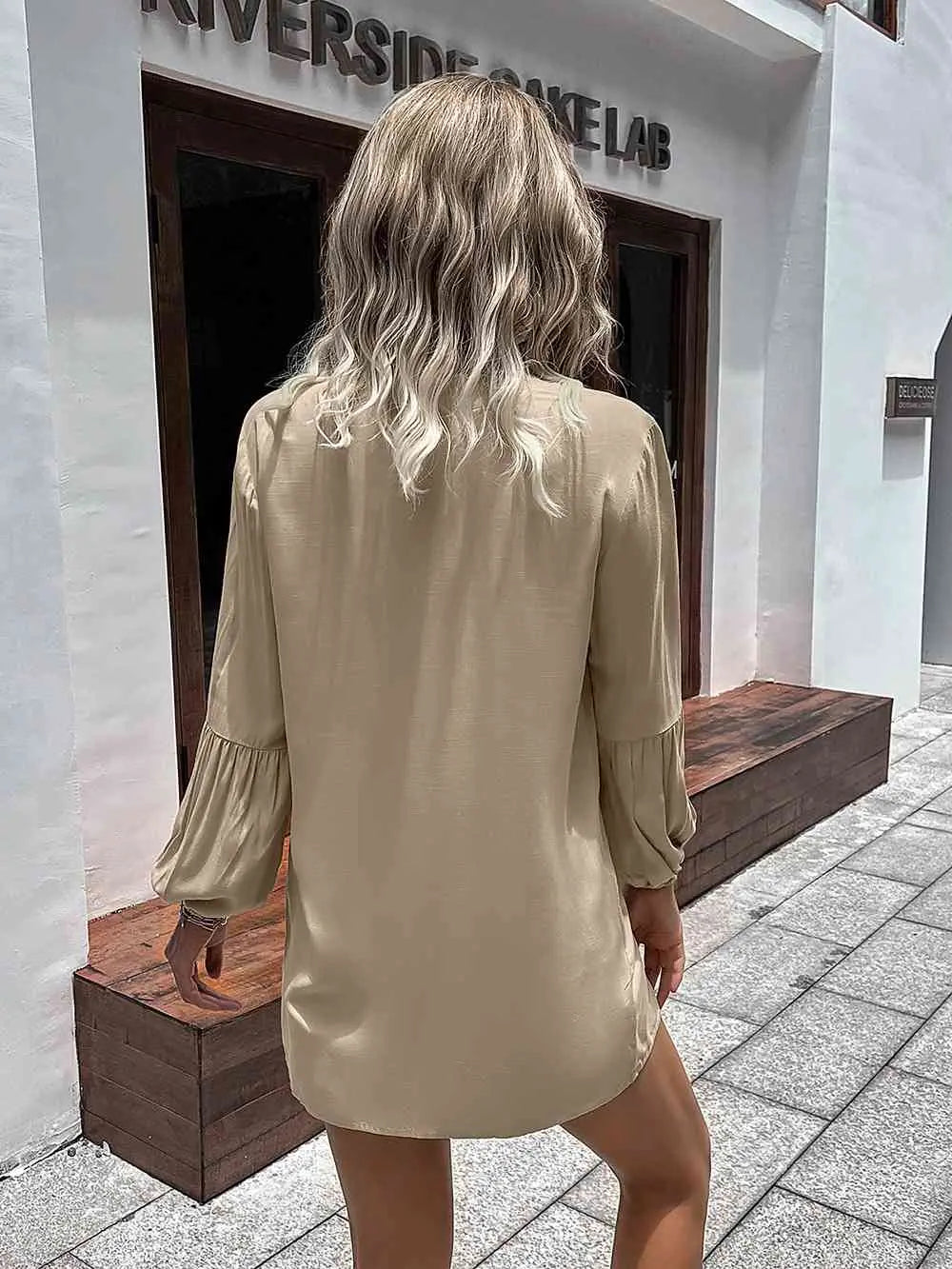  Notched Neck Balloon Sleeve Shirt Bazaarbey