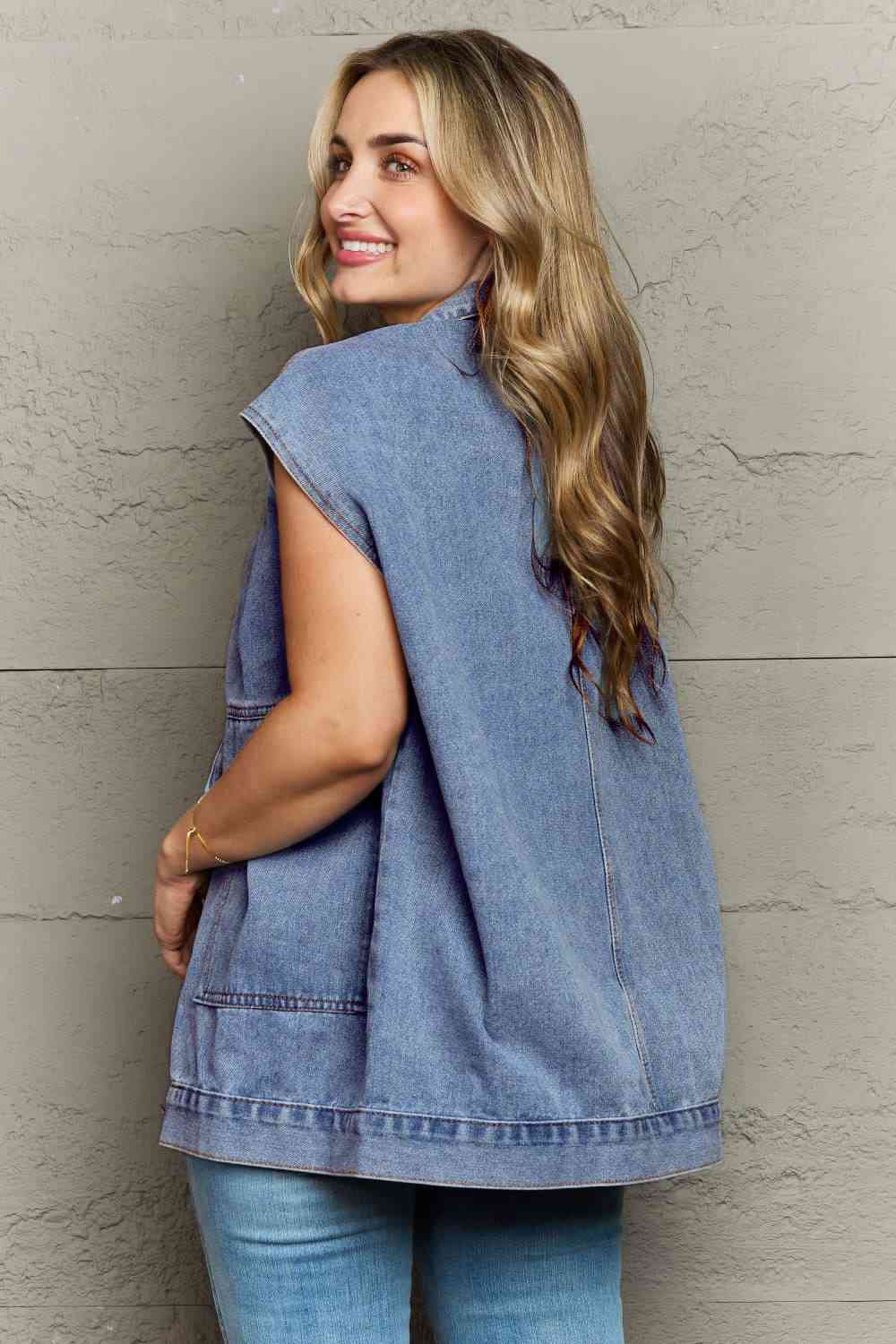 Collared Neck Sleeveless Denim Top with Pockets Bazaarbey