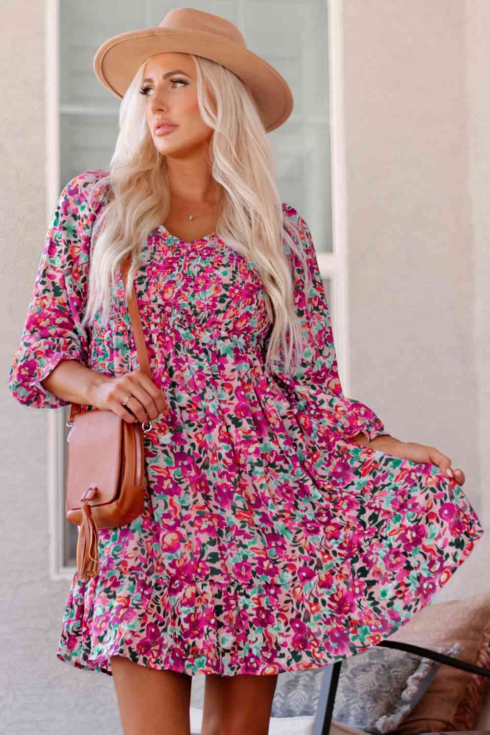 Floral Smocked V-Neck Flounce Sleeve Dress -BazaarBey - www.shopbazaarbey.com