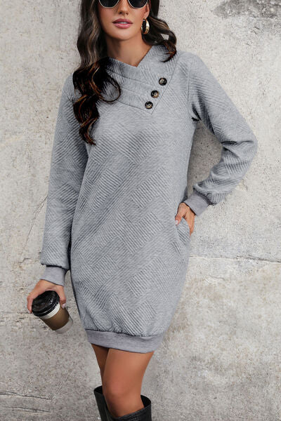 Textured Decorative Button Mini Dress -BazaarBey - www.shopbazaarbey.com