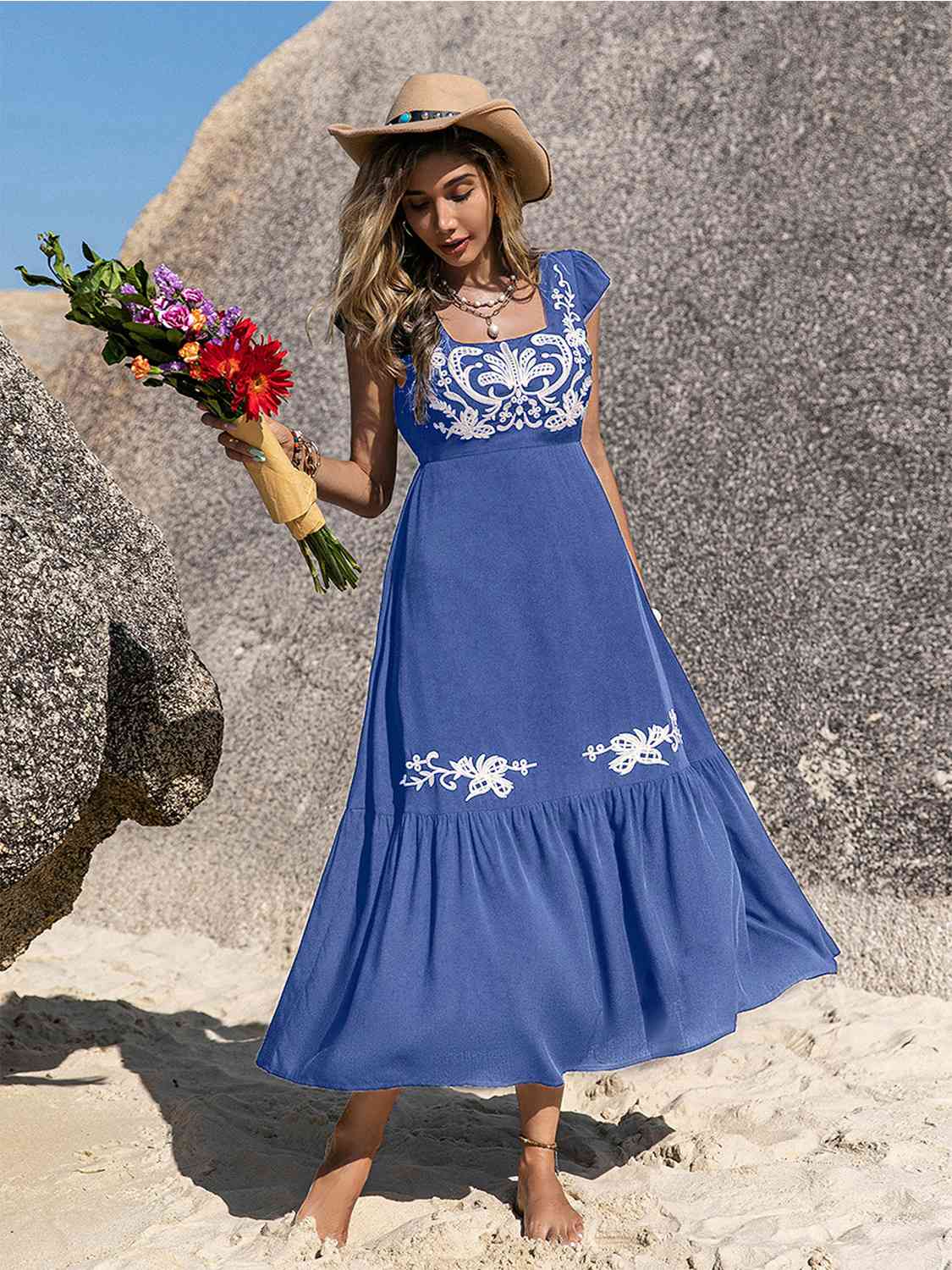 Embroidered Square Neck Ruffle Hem Dress -BazaarBey - www.shopbazaarbey.com